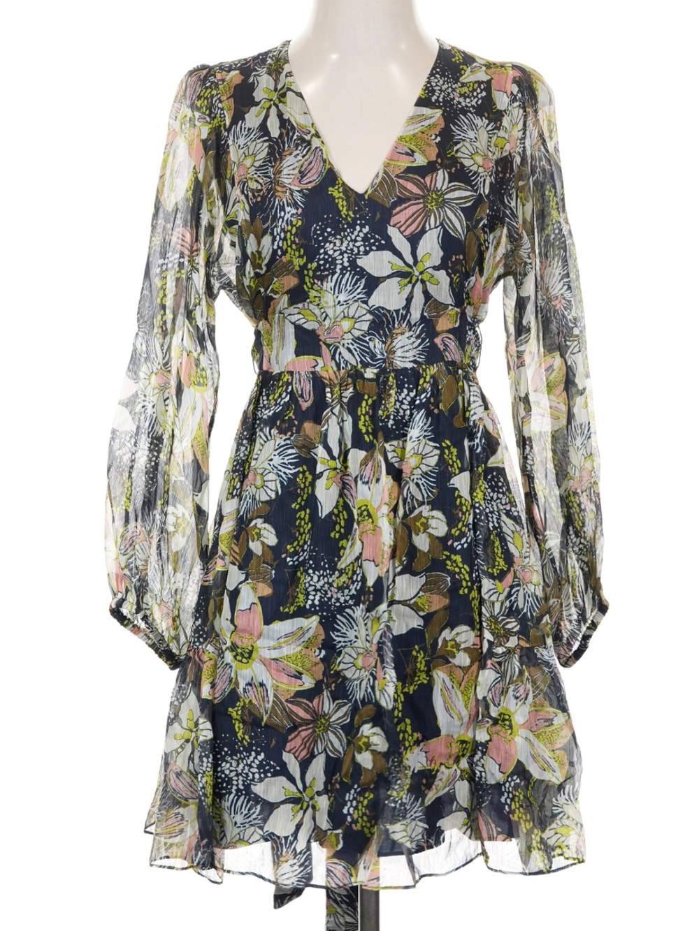 Tanya Taylor Vivaria Floral Linen Silk Mini Dress Long Sleeve holiday Size 8